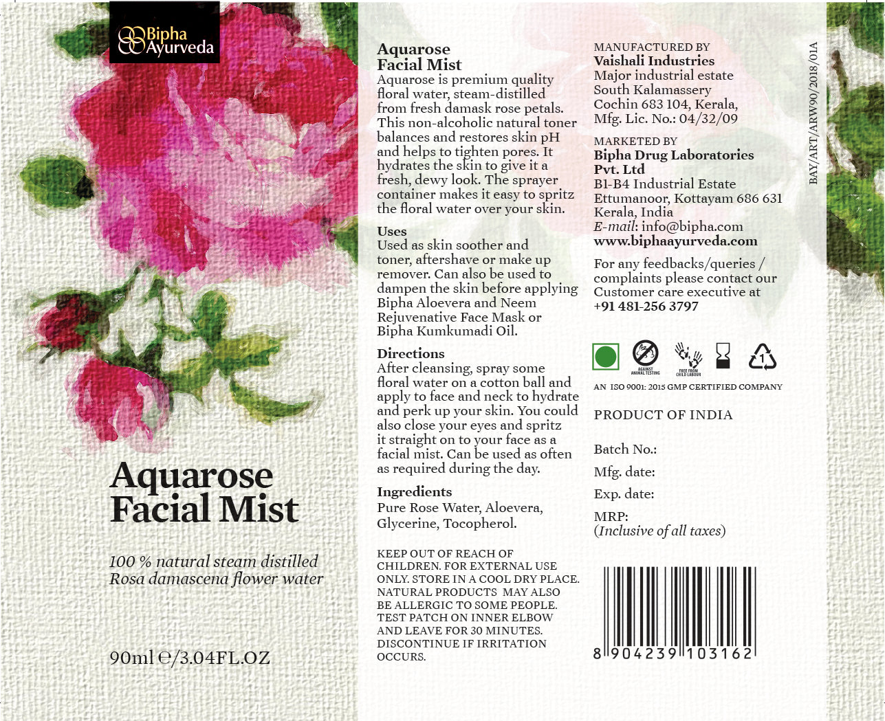 Aquarose Face Mist 90 ml - 100 % natural steam distilled Rosa damascena flower water