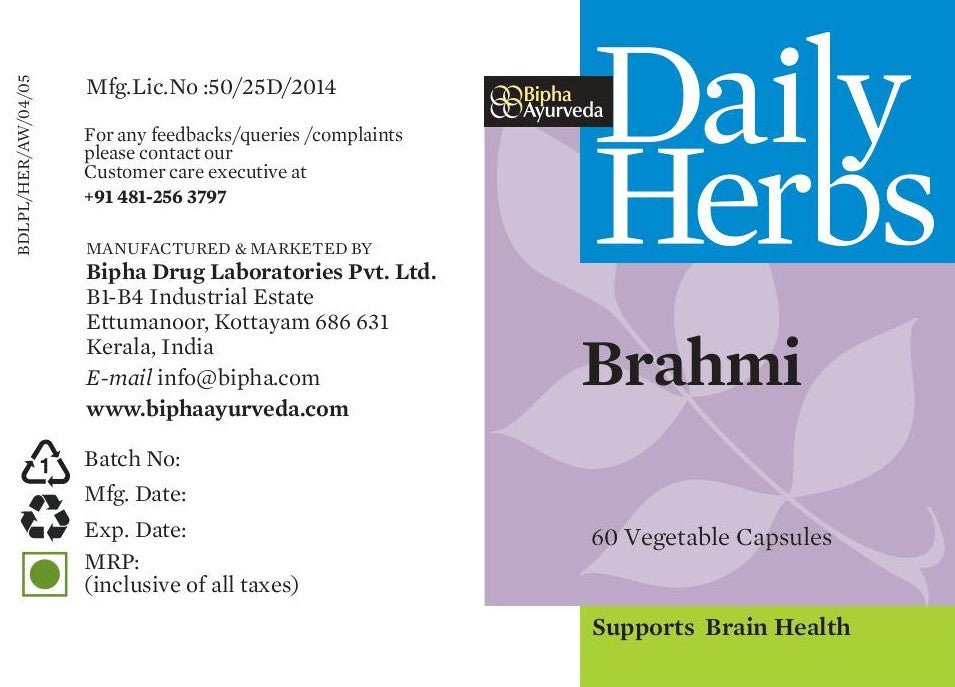 Daily Herbs Brahmi 60 vegetable capsules label panel with brain health support text