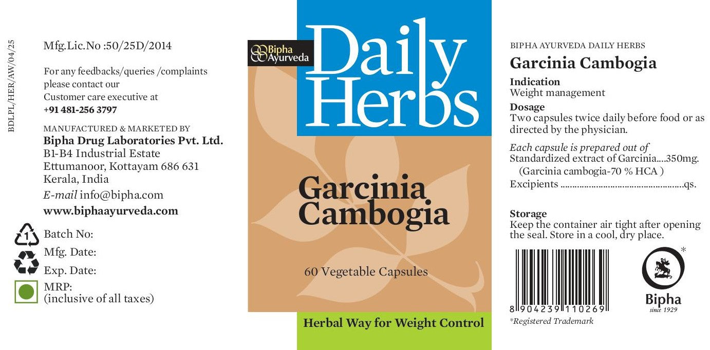 Garcinia- Pure Garcinia Cambogia -Standardised Extract 60 Veg Capsule Healthy weight management , Appetite & Lipid regulator