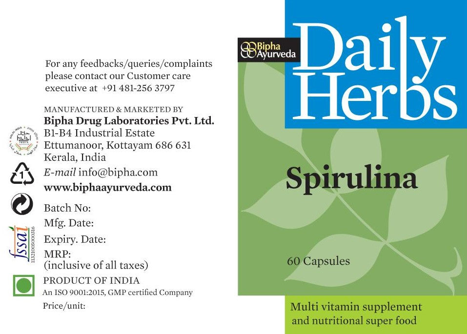 Spirulina supplement product label card with Daily Herbs branding and 60 capsules info.