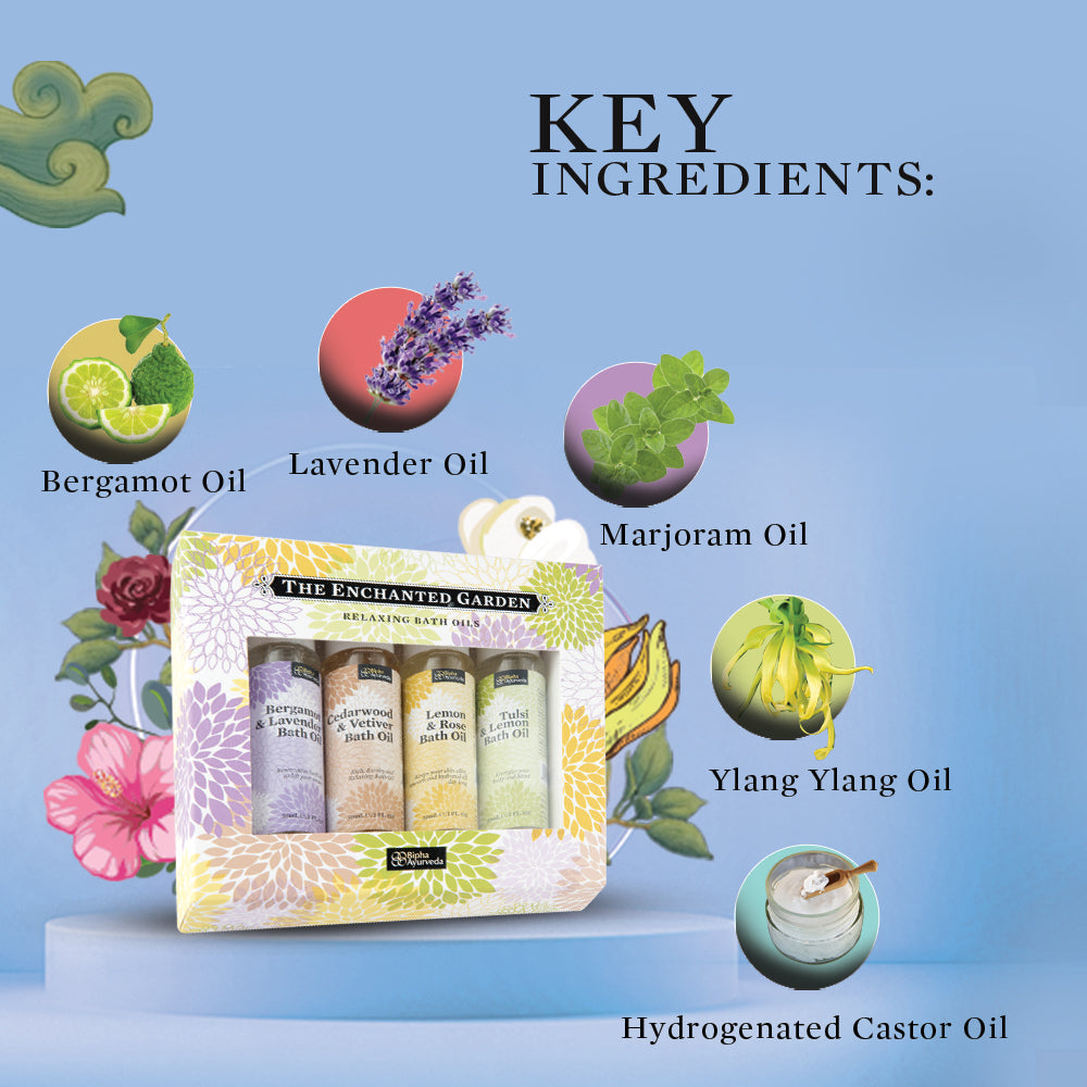 Bath oil gift set box with four mini bottles and labeled key ingredients