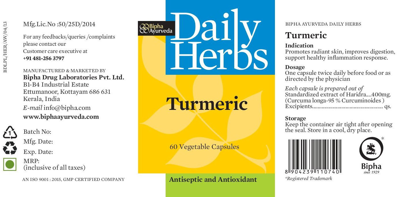 Turmeric-Pure Turmeric Extract with 95% Bioavailable Curcumin 60 Veg Capsule, Antioxidant, Improves inflammation control,Balances metabolism