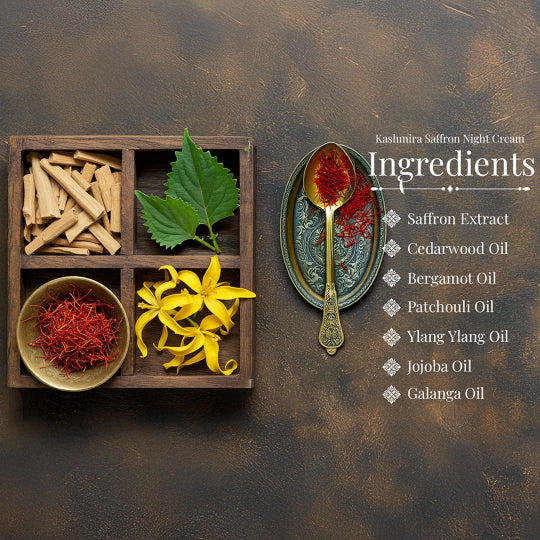 Saffron night cream ingredients graphic with spoon and extract oil list