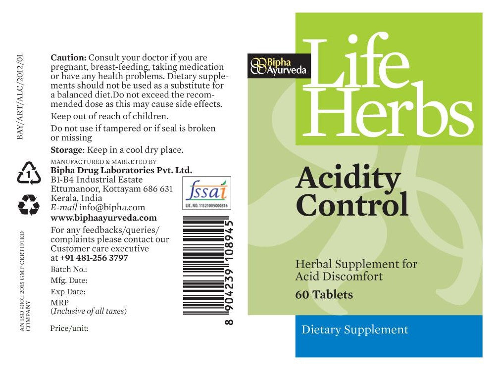 Acidity Control dietary supplement box with Life Herbs branding and label