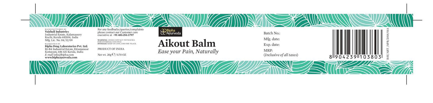 Aikout pain balm box with barcode and teal patterned label
