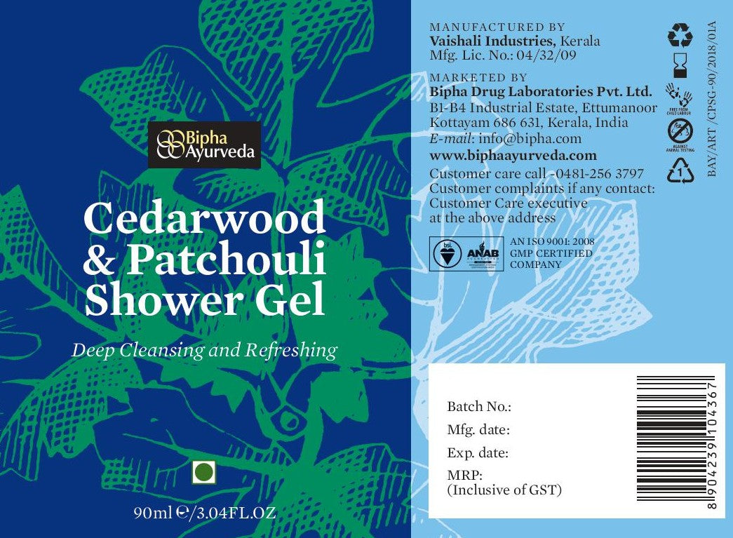 Cedarwood and Patchouli shower gel packaging panel with 90 ml details