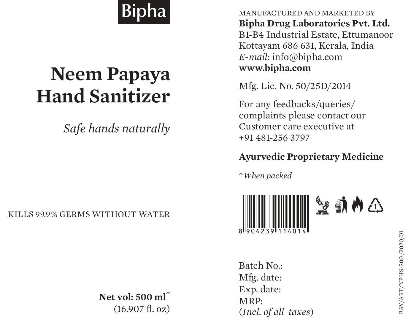 Bipha Neem and papaya 70% Alcohol Hand Sanitizer with goodness of Neem and Papaya .Kills 99.9% germs 500 ml