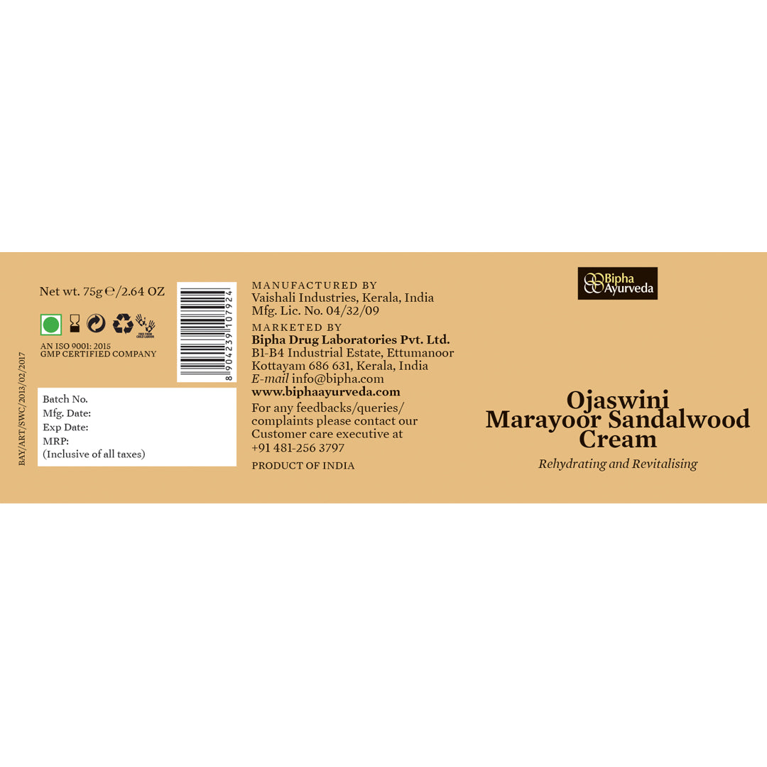 Ojaswini Marayoor Sandalwood Cream-A rich textured cream for Nourished& Smooth skin with the Pure Extracts of Sandalwood. Natural Moisturizer for Dry Skin 75 gm