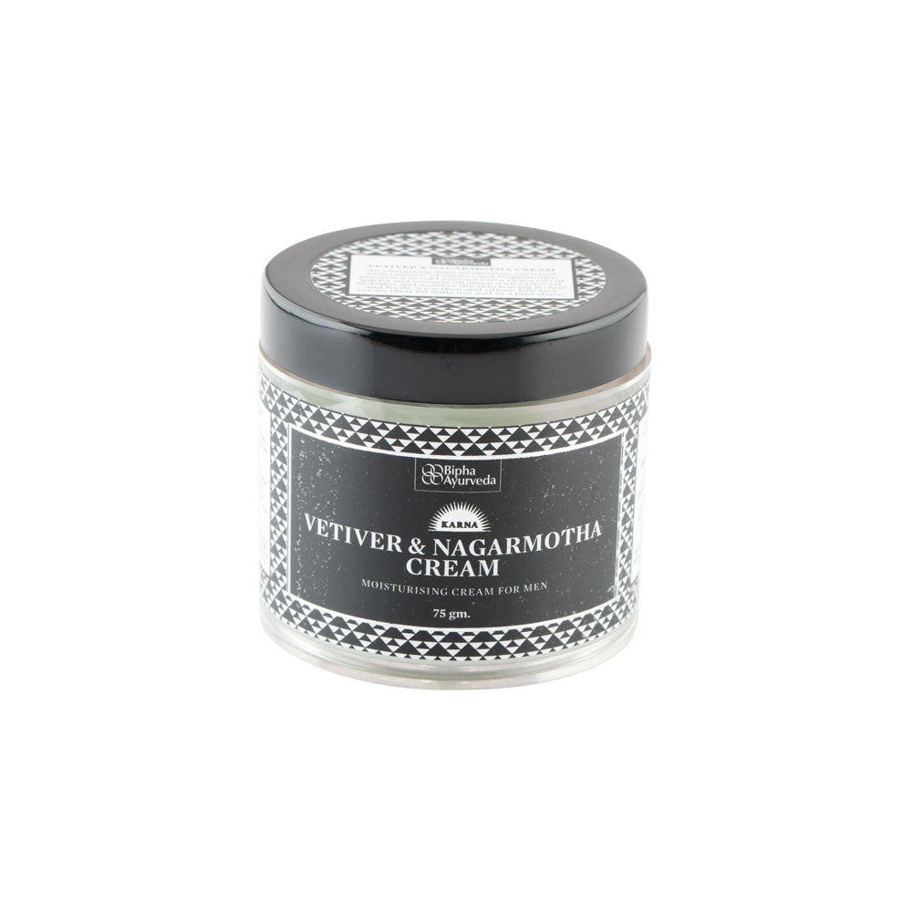Vetiver & Nagarmotha cream jar labeled for men with black lid