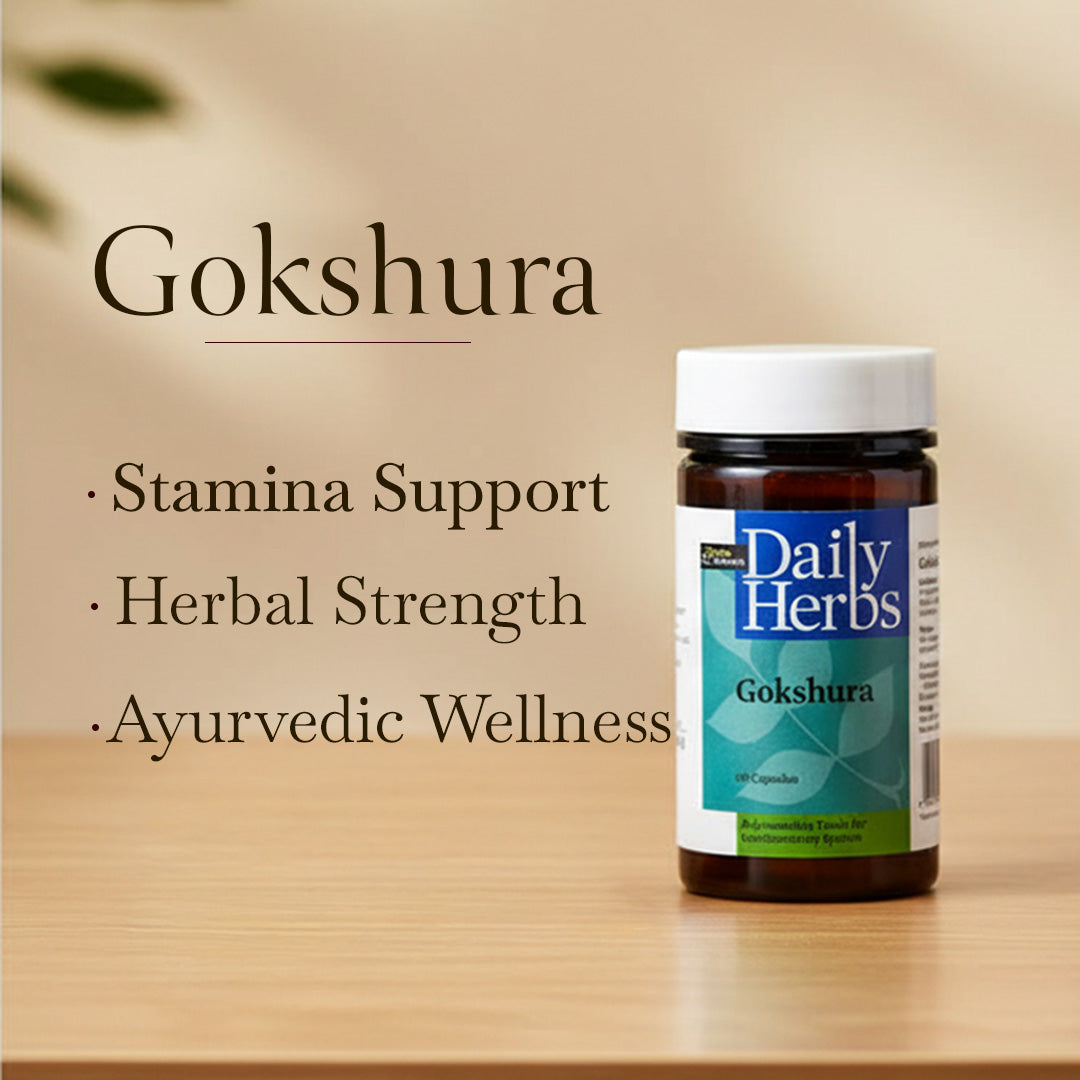 Gokshura supplement bottle with Daily Herbs label, black cap, 60 veg capsules