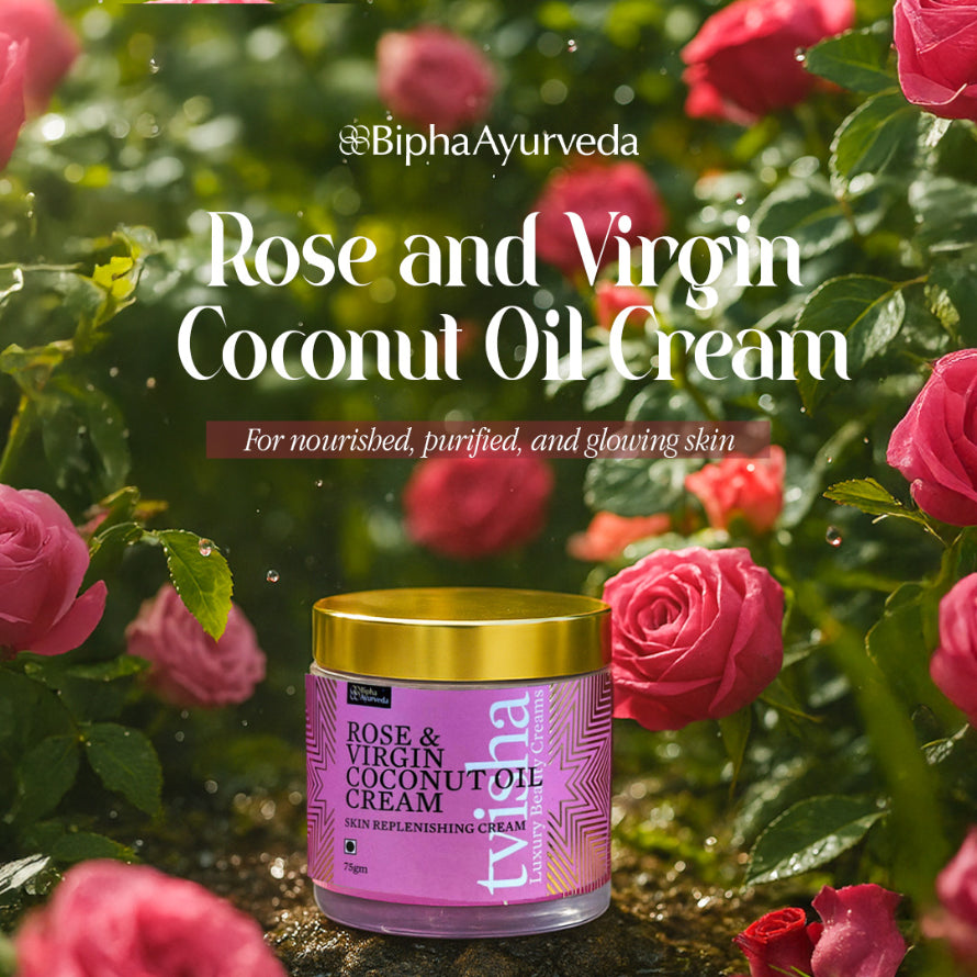 Rose & Virgin Coconut Oil cream jar with gold lid and purple-pink label