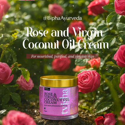 Rose & Virgin Coconut Oil cream jar with gold lid and purple-pink label