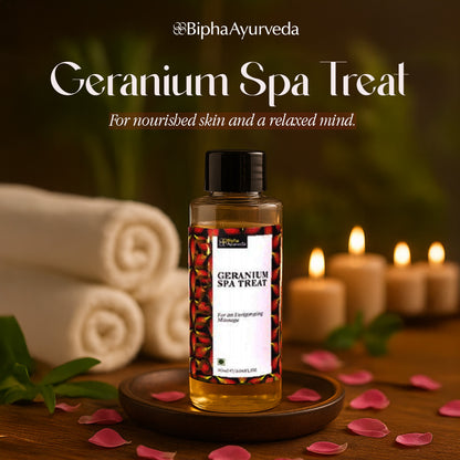 Spa massage oil bottle with black cap and botanical label