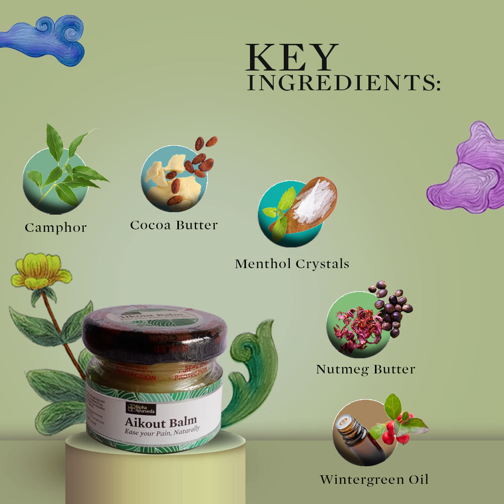 Aikout Pain Balm for Joint pain aches & sprains. Made with natural plant butters & pure herbs. Free from synthetic colours & fragrances 20 gm