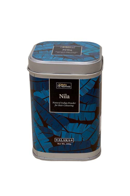 Indigo hair colour powder tin with blue patterned label and lid