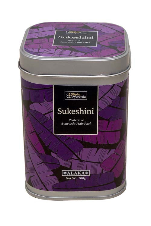 Purple Ayurvedic hair mask tin with sealed lid and front label, net wt 200g