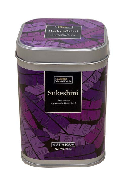Purple Ayurvedic hair mask tin with sealed lid and front label, net wt 200g