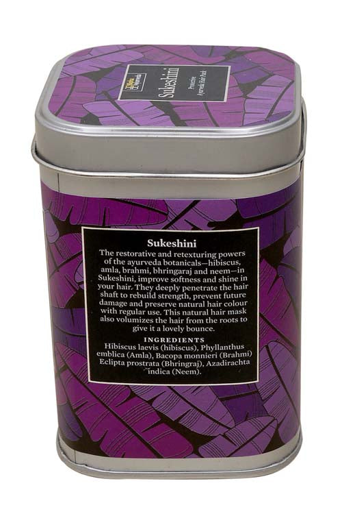 Purple Ayurvedic hair mask tin with back ingredient text label
