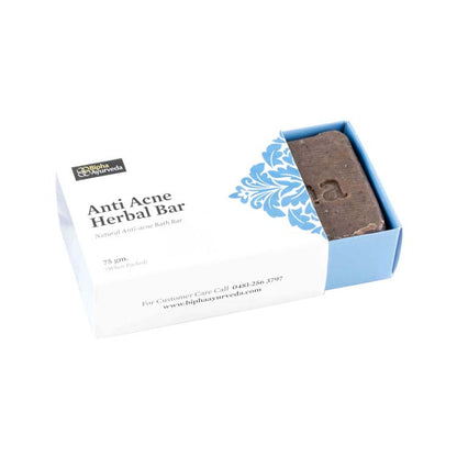 Anti acne herbal bar in open box, showing brown soap block, 75 gm