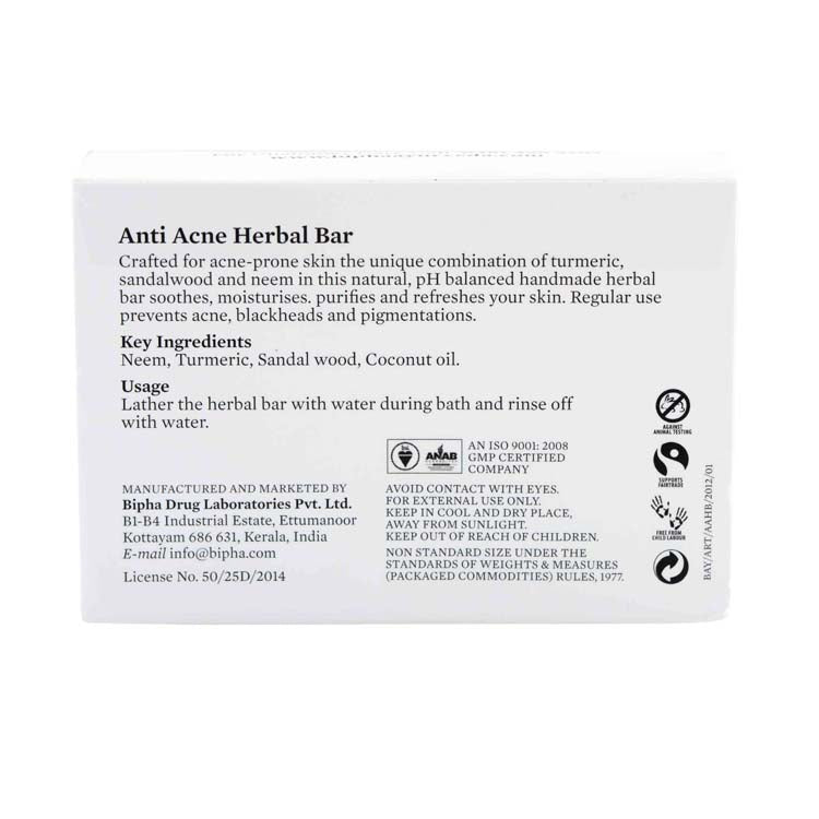 Anti acne herbal bar back label with usage and manufacturing details, plain white box