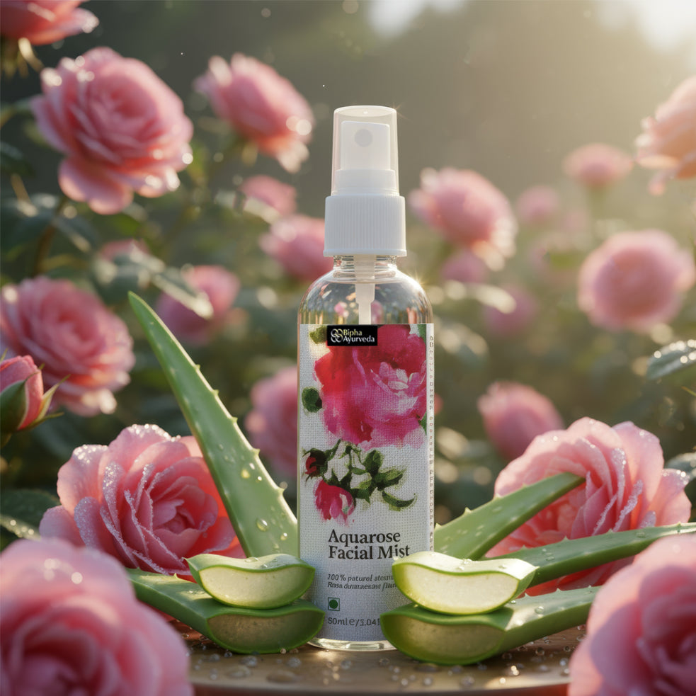Facial mist spray bottle with white mist nozzle, surrounded by pink rose blooms.