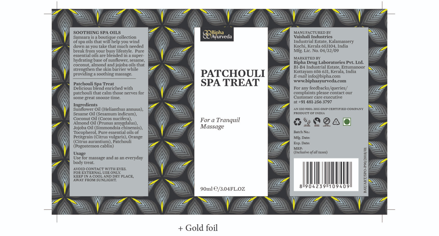 Spa treat box with gold-foil accents, printed front and barcode back panel