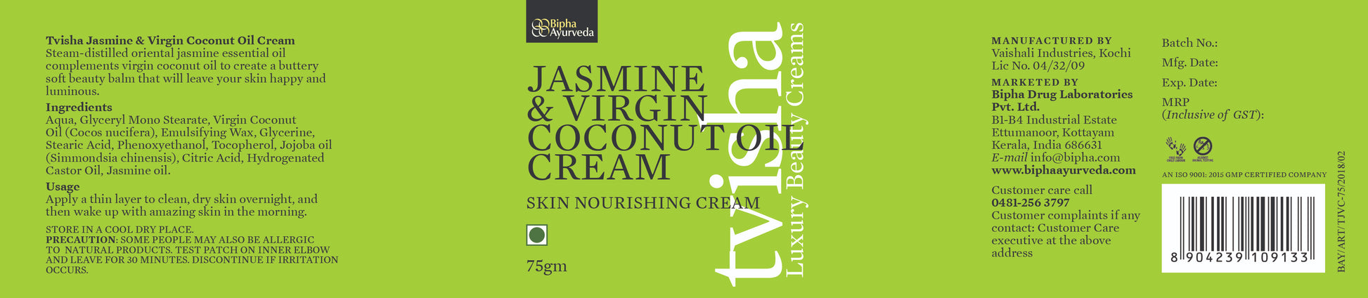 Tvisha - Jasmine & Virgin Coconut Oil Cream-Skin Nourishing Cream 75 gm