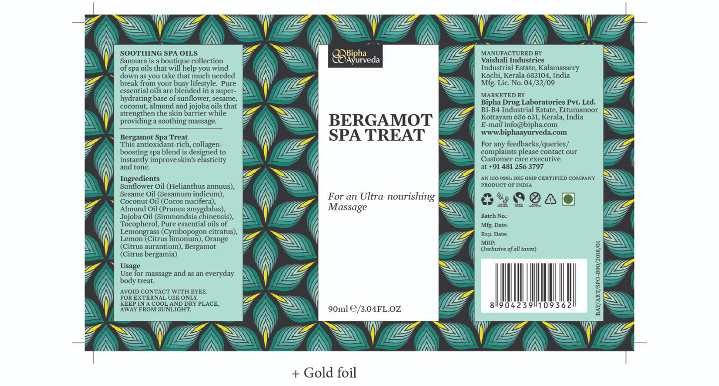 Bergamot Spa Treat massage oil box back panel with product info and barcode