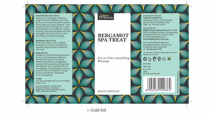 Bergamot Spa Treat massage oil box back panel with product info and barcode
