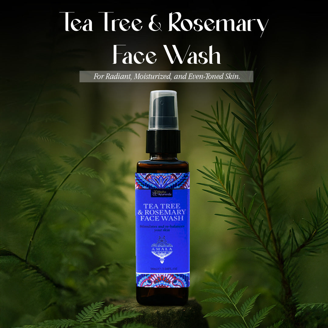 Face wash bottle with silver spray pump, blue label and decorative band