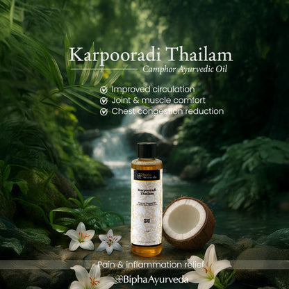 Ayurvedic oil bottle with black cap and white label, beside a coconut half.