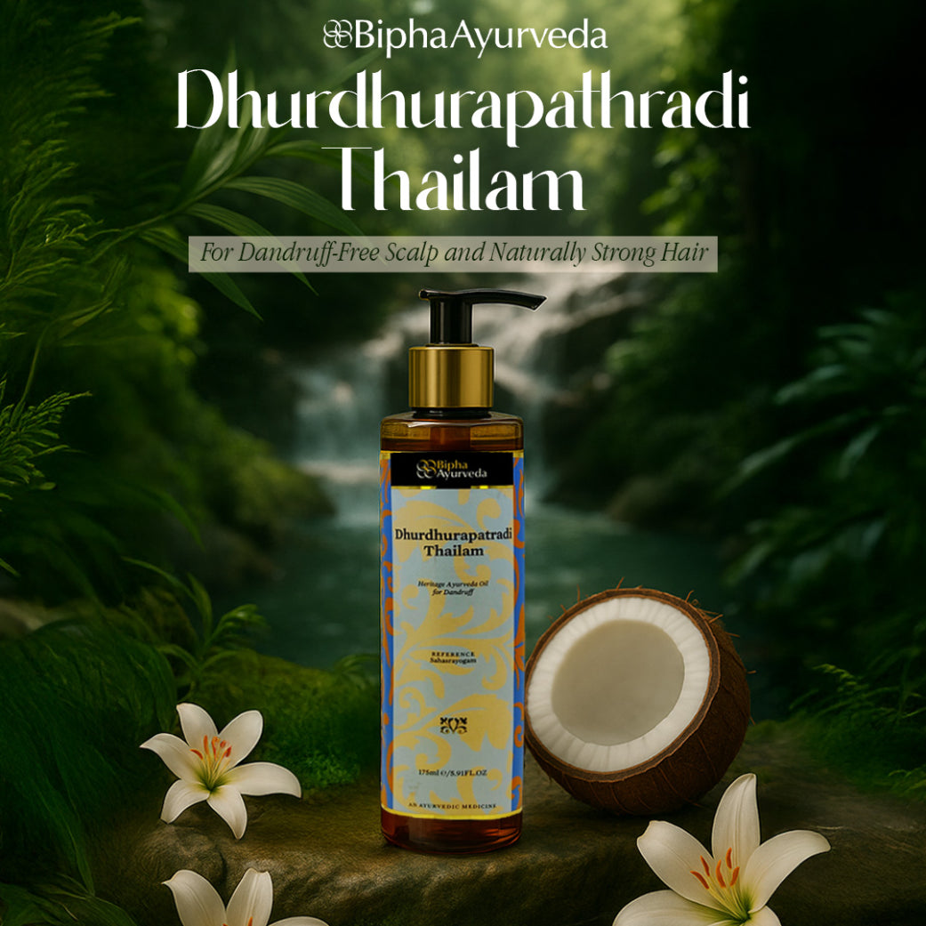 BiphaAyurveda Dhurdhurapathradi Thailam bottle with pump and amber oil, front view.