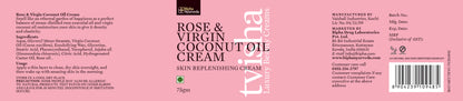 Rose & Virgin Coconut Oil cream tub with ingredient panel and barcode