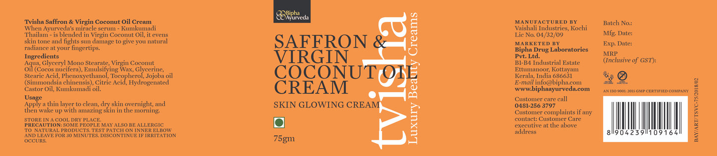 Tvisha - Saffron & Virgin Coconut Oil Cream - Skin Glowing Night Cream 75 gm
