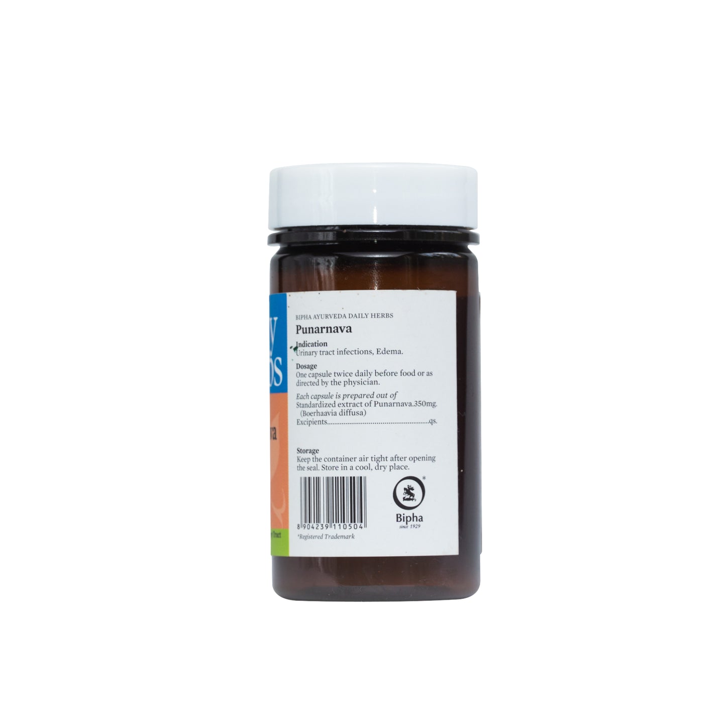 Herbal supplement bottle with white cap and back label text for Punarnava