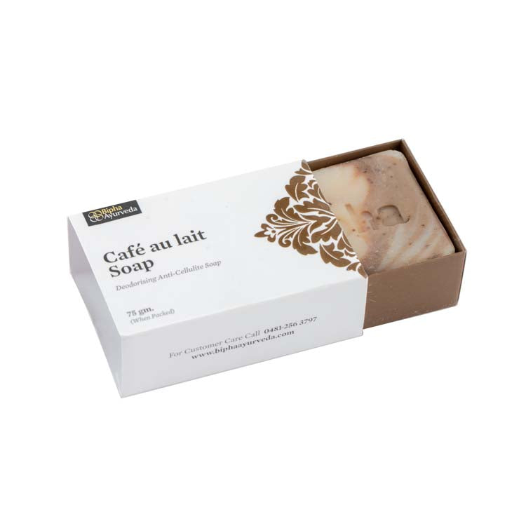 Deodorising anti-cellulite soap in open white box with visible bar