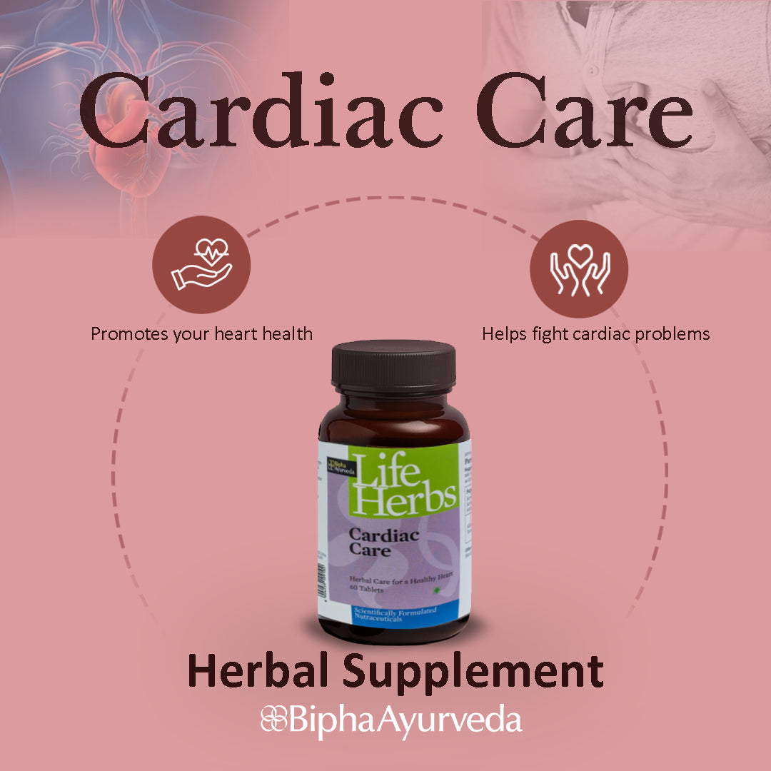 Cardiac Care herbal supplement tablets bottle with Life Herbs label and dark cap