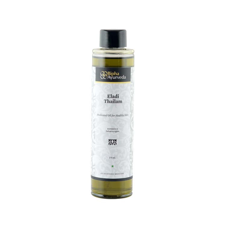 Ayurvedic oil bottle with black cap and front label, 175 ml