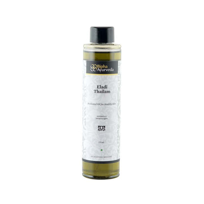 Ayurvedic oil bottle with black cap and front label, 175 ml
