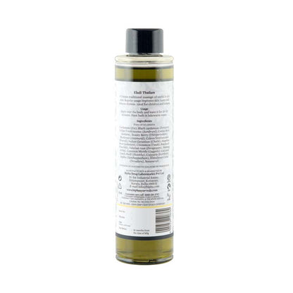 Ayurvedic oil bottle with black cap and back label, 175 ml