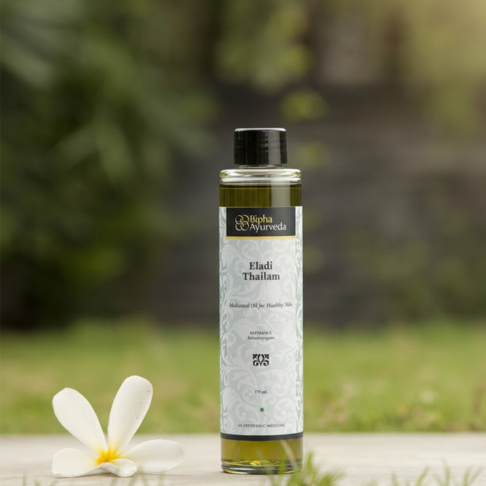 Ayurvedic oil bottle with black cap and brand label, 175 ml