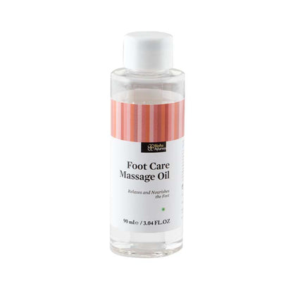 Massage oil bottle with clear body, white cap, and orange striped label band