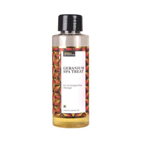 Spa massage oil bottle with amber liquid, black cap, and front label