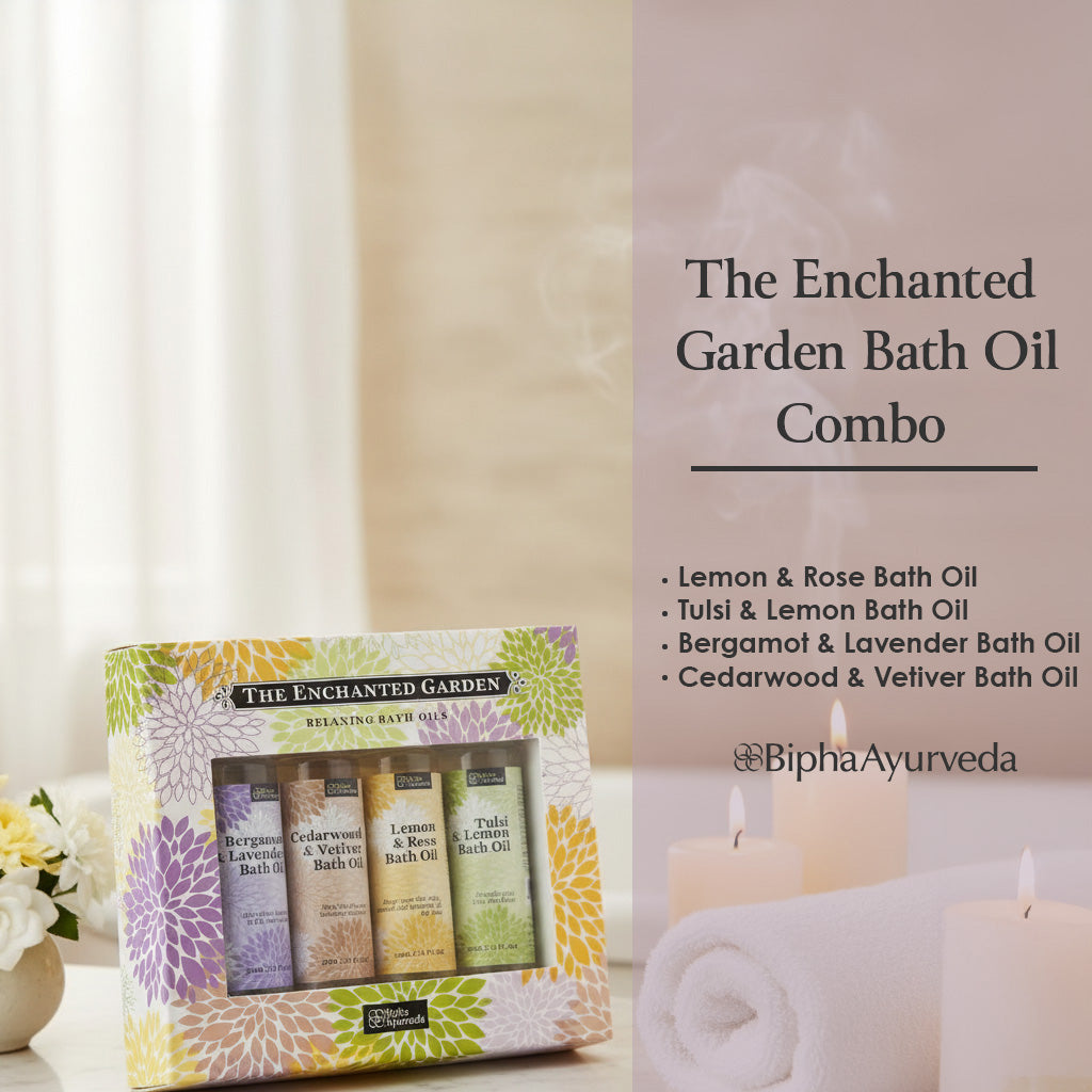 Bath oil gift set box with four mini bottles in purple, yellow, and green sleeves