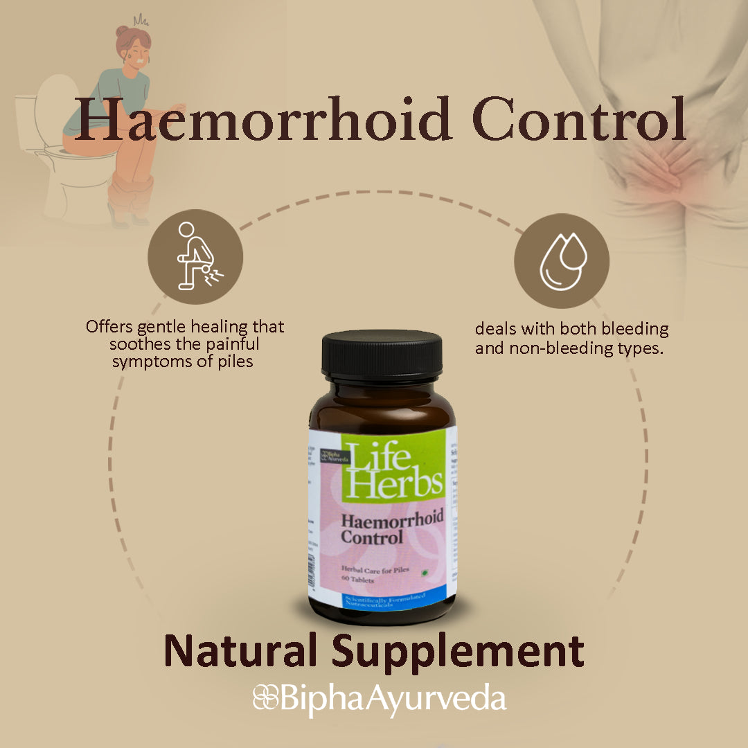 Herbal supplement bottle for Haemorrhoid Control with Natural Supplement banner text