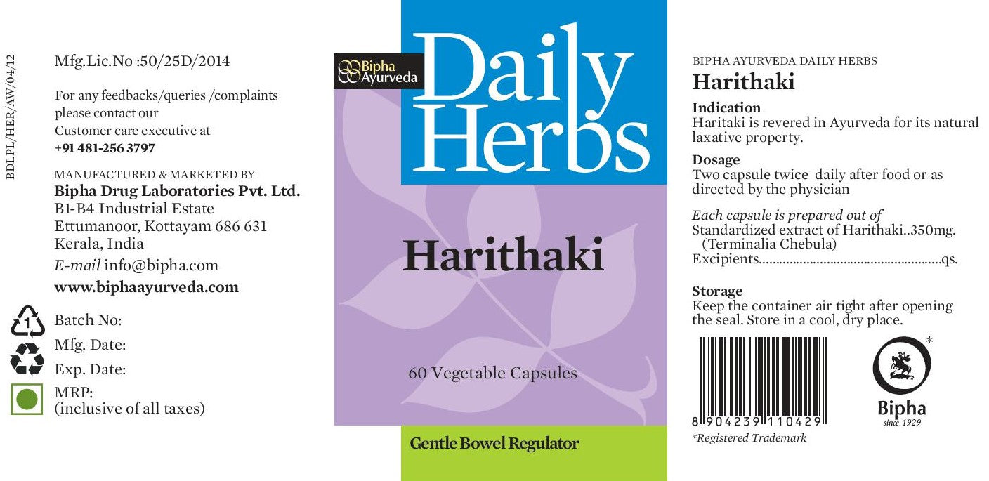 Harithaki -Pure Harithaki Extract  Veg Capsule Promotes Digestive & Colon health,Mild Laxative ,Antioxidants