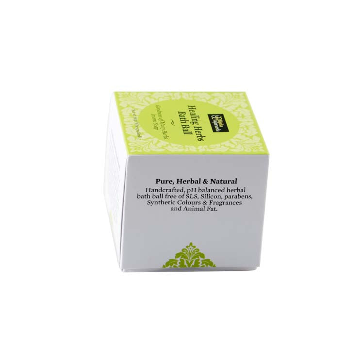 Herbal bath soap box front view, green top and gray label panel