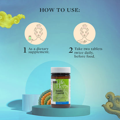 Acidity Control supplement bottle with Life Herbs label shown on display