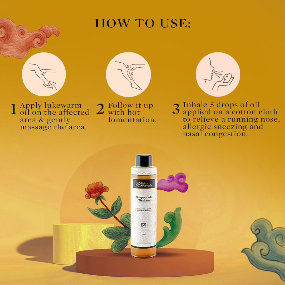 Ayurvedic oil bottle on an amber background with illustrated how-to use steps.
