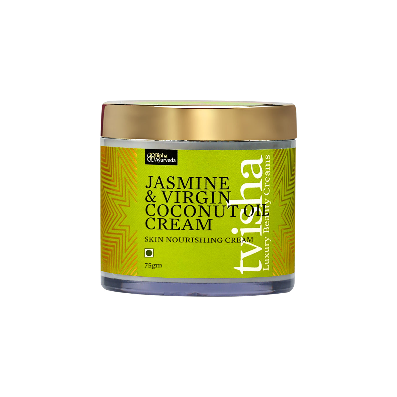 Skin nourishing cream jar with gold lid, green jasmine & coconut oil label